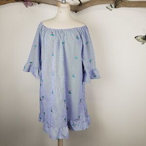 Espresso striped ruffle shift dress with palm tree